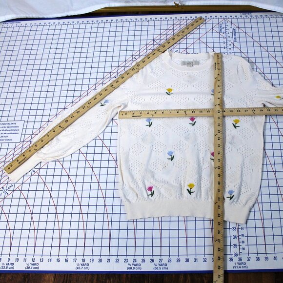 Loft Winter White Cotton Sweater with Embroidered Flowers, Large - Picture 7 of 10